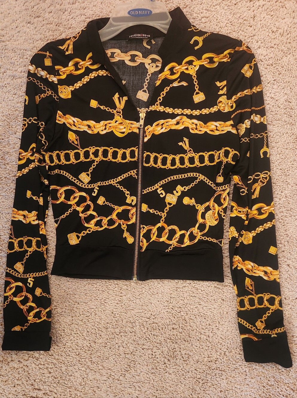 Fashion Nova Black Bomber Jacket with Gold Chain Print Size Small